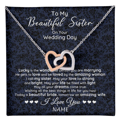 Interlocking Hearts Necklace Stainless Steel & Rose Gold Finish | 1 | Personalized To My Beautiful Sister On Your Wedding Day Necklace To Bride From Sister Little Sis Pendant Jewelry Customized Gift Box Message Card | teecentury