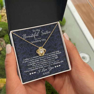 Love Knot Necklace 18K Yellow Gold Finish | 2 | Personalized To My Beautiful Sister On Your Wedding Day Necklace To Bride From Sister Little Sis Pendant Jewelry Customized Gift Box Message Card | teecentury