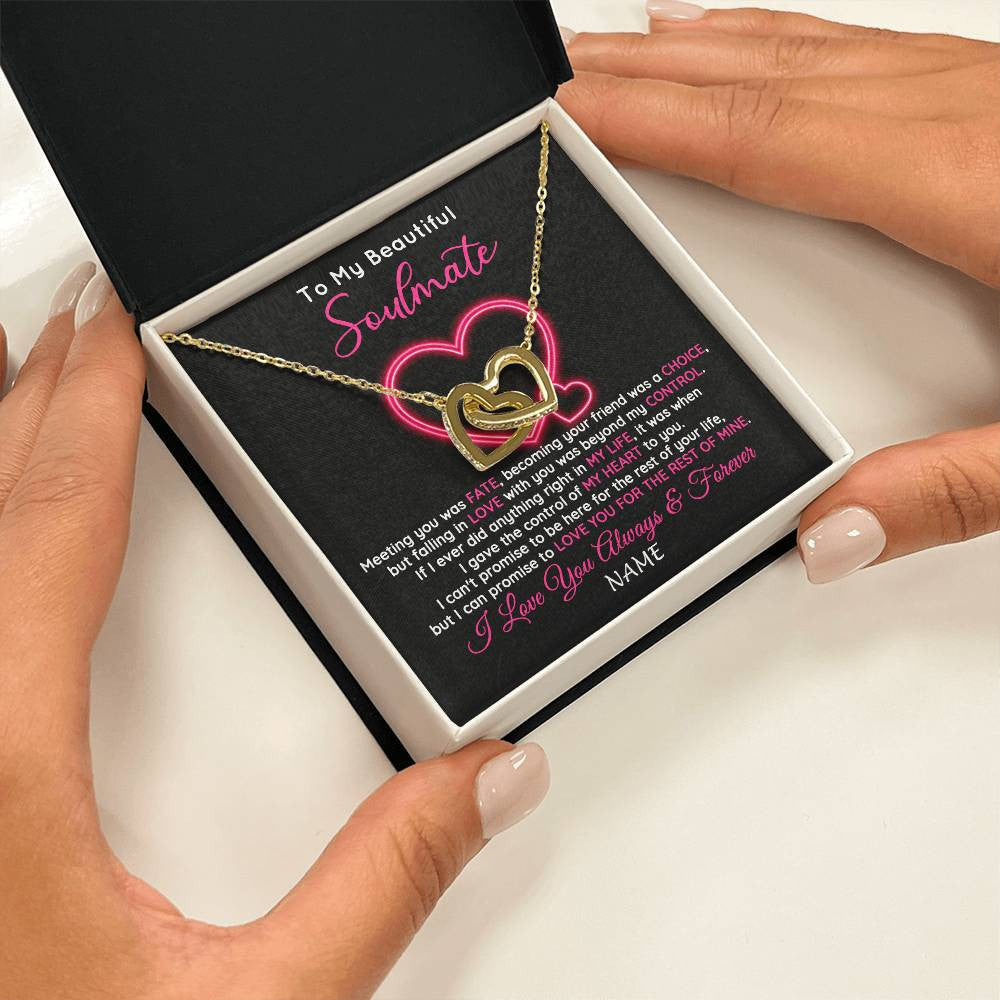 Interlocking Hearts Necklace 18K Yellow Gold Finish | 2 | Personalized To My Beautiful Soulmate Necklace From Husband Falling In Love Wife Birthday Valentines Day Christmas Jewelry Customized Gift Box Message Card | teecentury