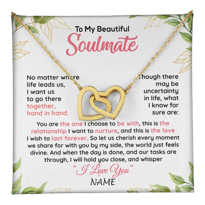 Interlocking Hearts Necklace 18K Yellow Gold Finish | 1 | Personalized To My Beautiful Soulmate Necklace From Husband Hand In Hand Wife Birthday Anniversary Valentines Day Jewelry Customized Gift Box Message Card | teecentury