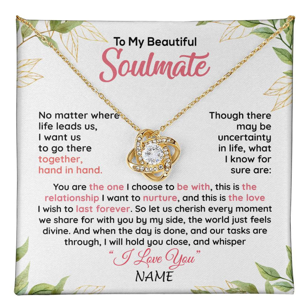 Love Knot Necklace 18K Yellow Gold Finish | 1 | Personalized To My Beautiful Soulmate Necklace From Husband Hand In Hand Wife Birthday Anniversary Valentines Day Jewelry Customized Gift Box Message Card | teecentury