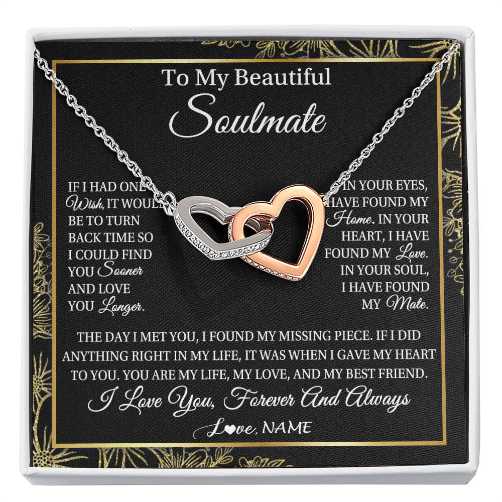 Interlocking Hearts Necklace Stainless Steel & Rose Gold Finish | Personalized To My Beautiful Soulmate Necklace From Husband Romantic Gifts Future Wife Birthday Anniversary Jewelry Christmas Customized Gift Box Message Card | teecentury