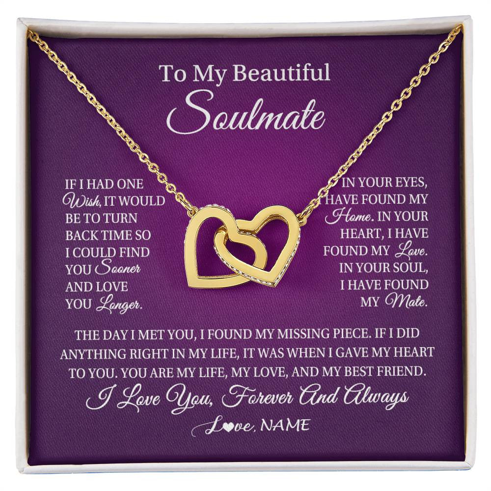 Interlocking Hearts Necklace 18K Yellow Gold Finish | Personalized To My Beautiful Soulmate Necklace Gift From Husband Romantic Gifts For Future Wife Birthday Anniversary Christmas Customized Gift Box Message Card | teecentury