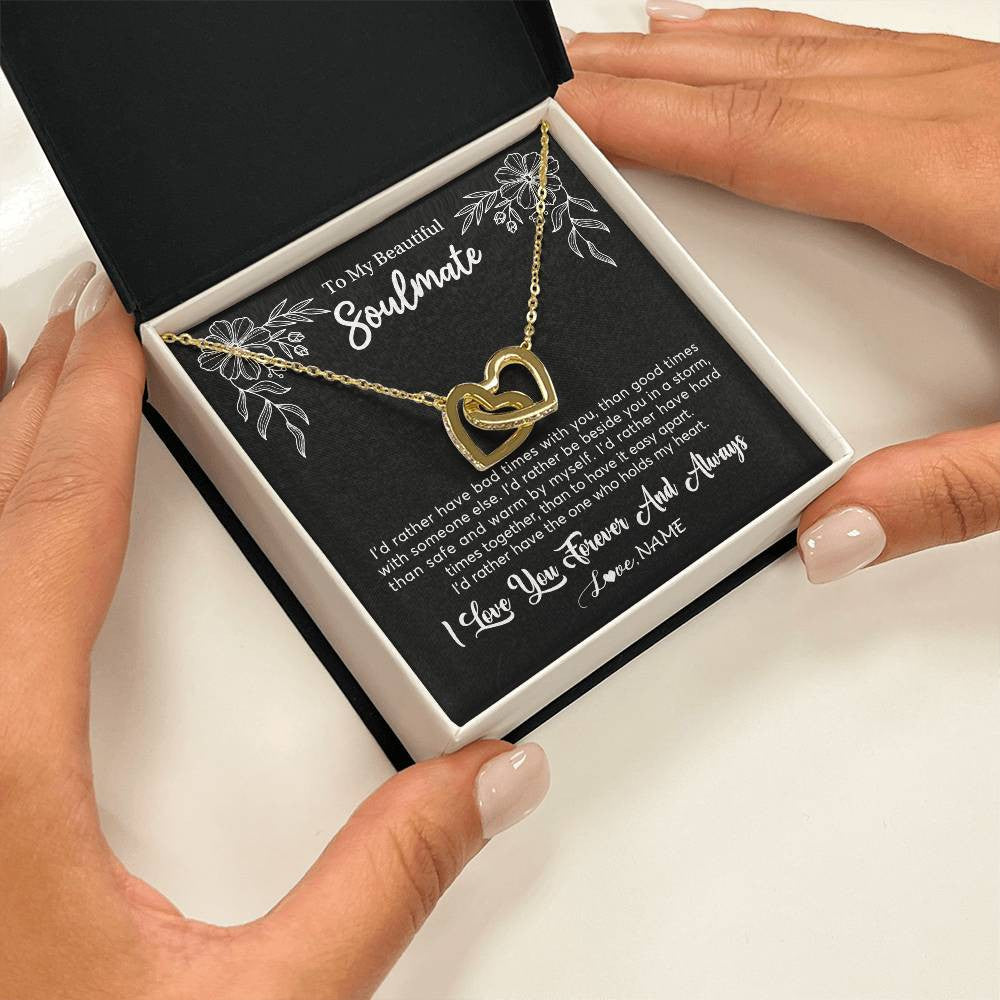 Interlocking Hearts Necklace 18K Yellow Gold Finish | 2 | Personalized To My Beautiful Soulmate Necklace Gifts From Husband I'd Rather Soulmate Birthday Anniversary Valentines Day Customized Gift Box Message Card | teecentury