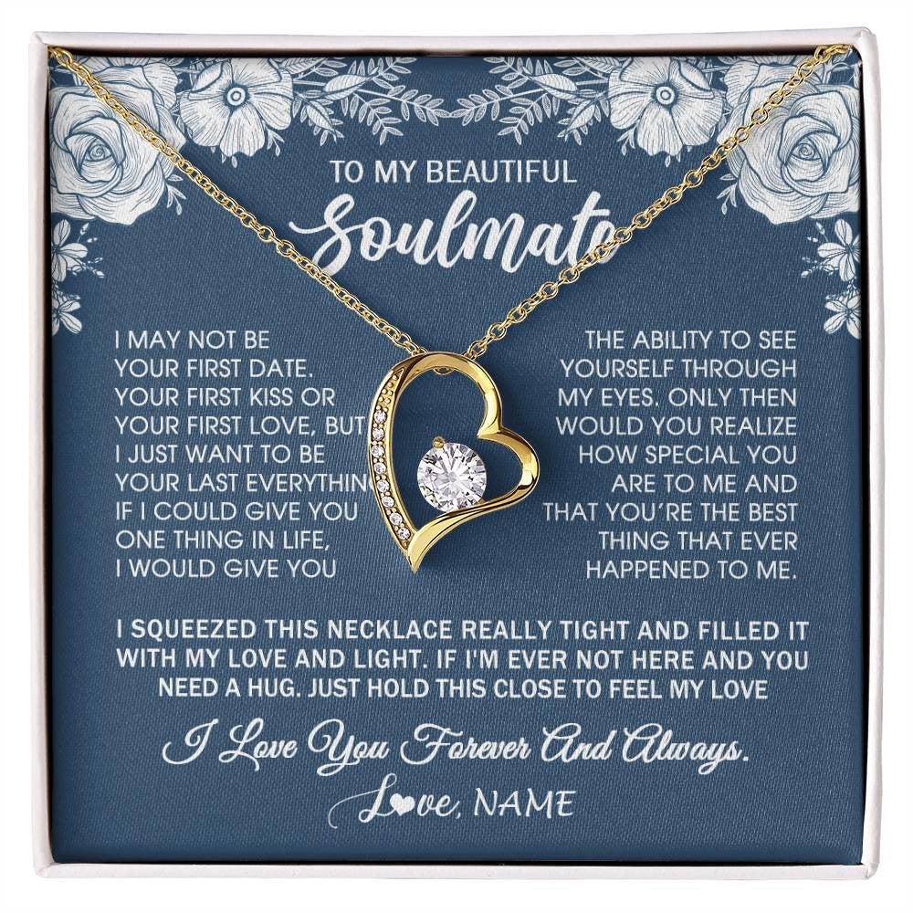 Forever Love Necklace 18K Yellow Gold Finish | 1 | Personalized To My Beautiful Soulmate Necklace Love Forever For Wife Birthday Anniversary Wedding Valentines Day Christmas Customized Gift Box Message Card | teecentury