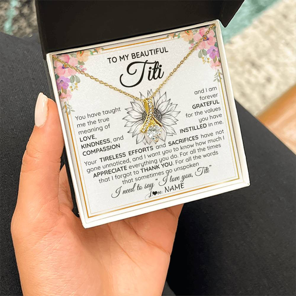 Alluring Beauty Necklace 18K Yellow Gold Finish | Personalized To My Beautiful Titi From Niece Nephew Necklace Say I Love You Titi Birthday Mothers Day Christmas Jewelry Customized Gift Box Message Card | teecentury