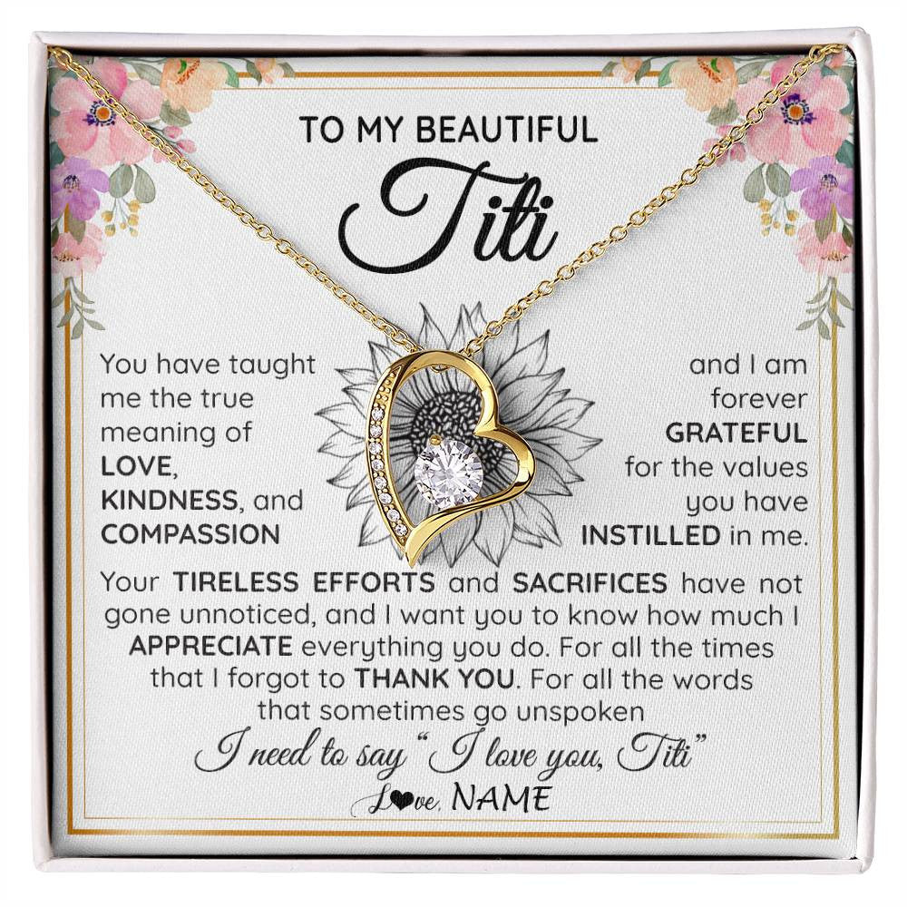 Forever Love Necklace 18K Yellow Gold Finish | Personalized To My Beautiful Titi From Niece Nephew Necklace Say I Love You Titi Birthday Mothers Day Christmas Jewelry Customized Gift Box Message Card | teecentury