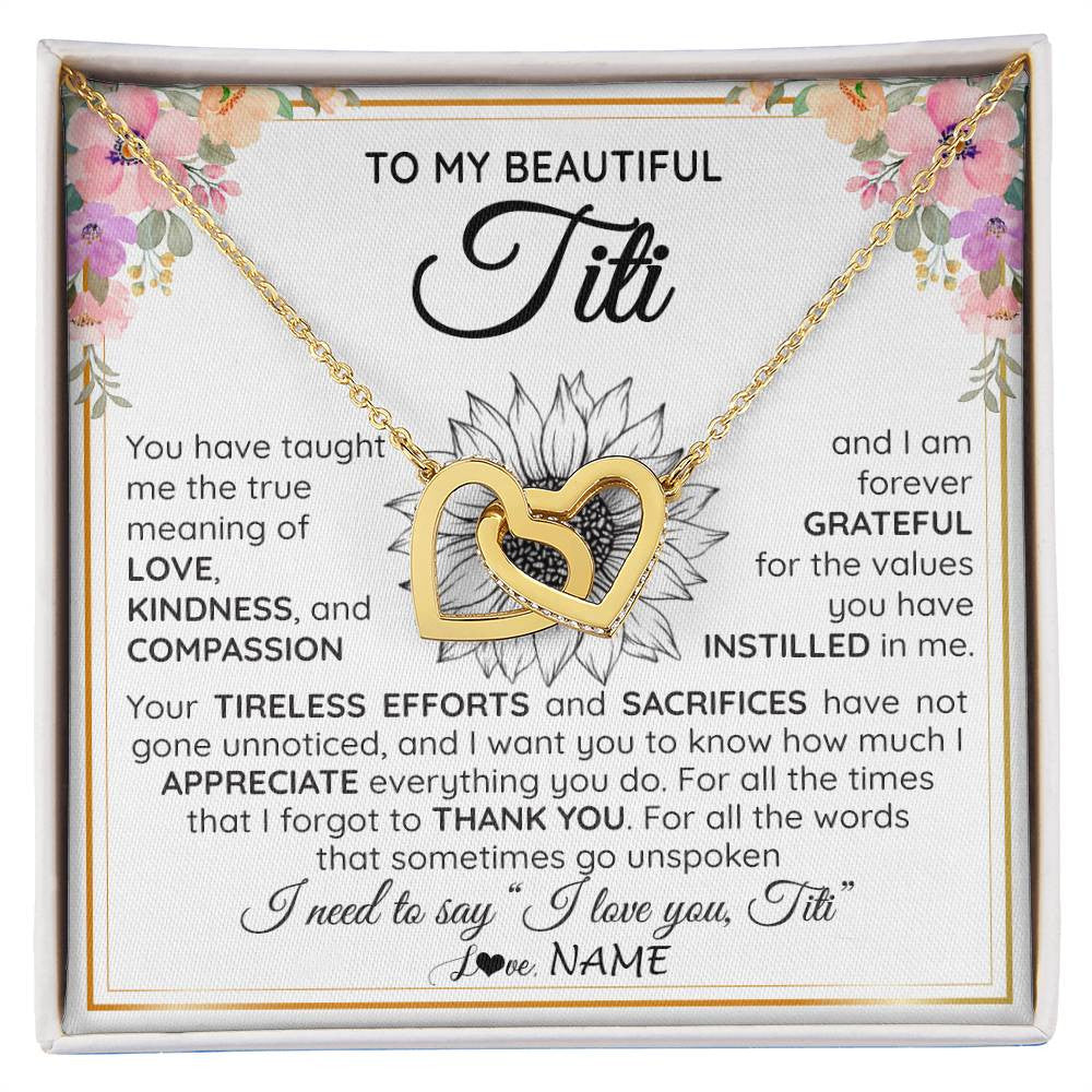 Interlocking Hearts Necklace 18K Yellow Gold Finish | Personalized To My Beautiful Titi From Niece Nephew Necklace Say I Love You Titi Birthday Mothers Day Christmas Jewelry Customized Gift Box Message Card | teecentury