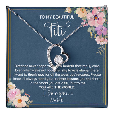 Forever Love Necklace 14K White Gold Finish | 1 | Personalized To My Beautiful Titi Necklace From Niece Nephew You Are The World Titi Birthday Mothers Day Christmas Jewelry Customized Gift Box Message Card | teecentury