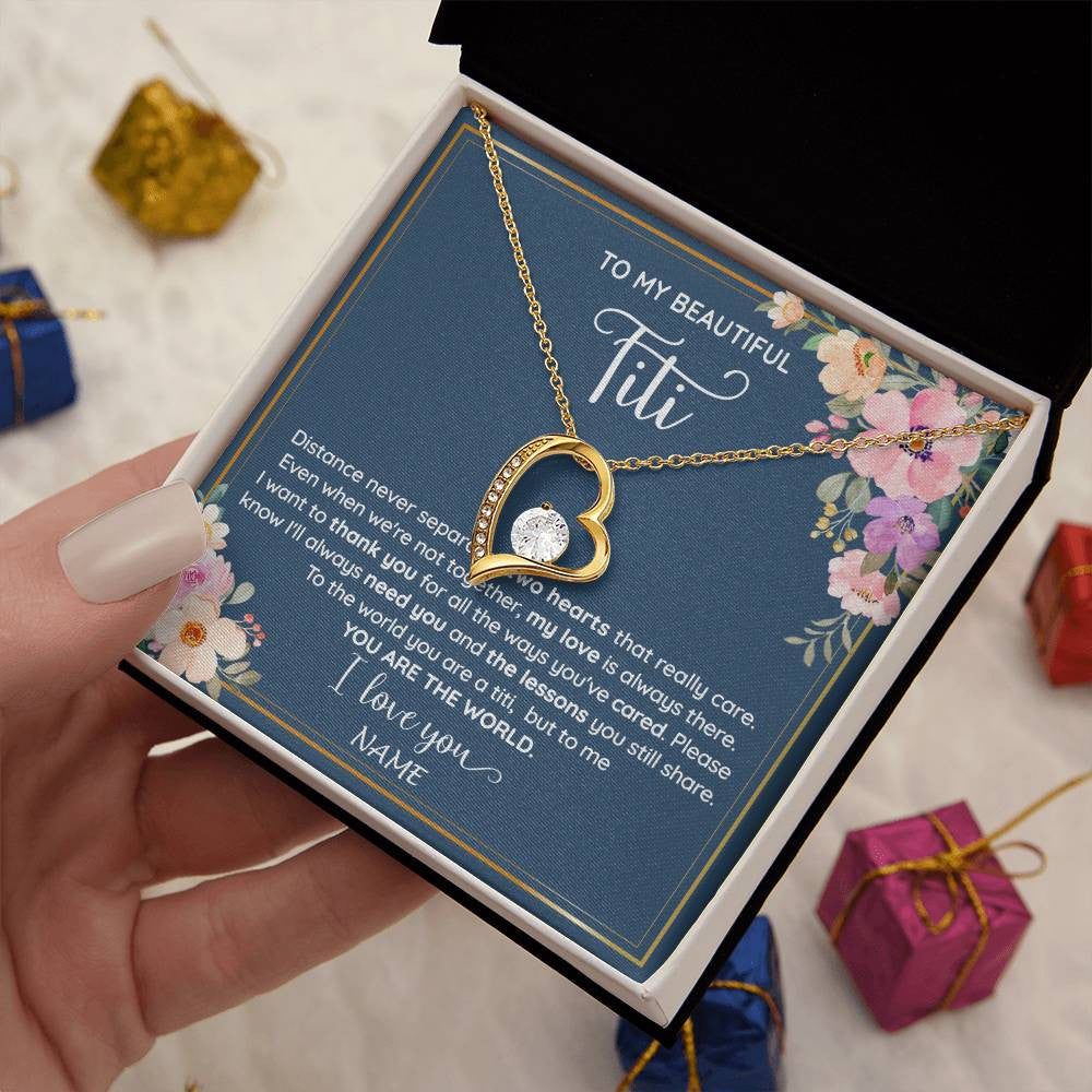 Forever Love Necklace 18K Yellow Gold Finish | 2 | Personalized To My Beautiful Titi Necklace From Niece Nephew You Are The World Titi Birthday Mothers Day Christmas Jewelry Customized Gift Box Message Card | teecentury