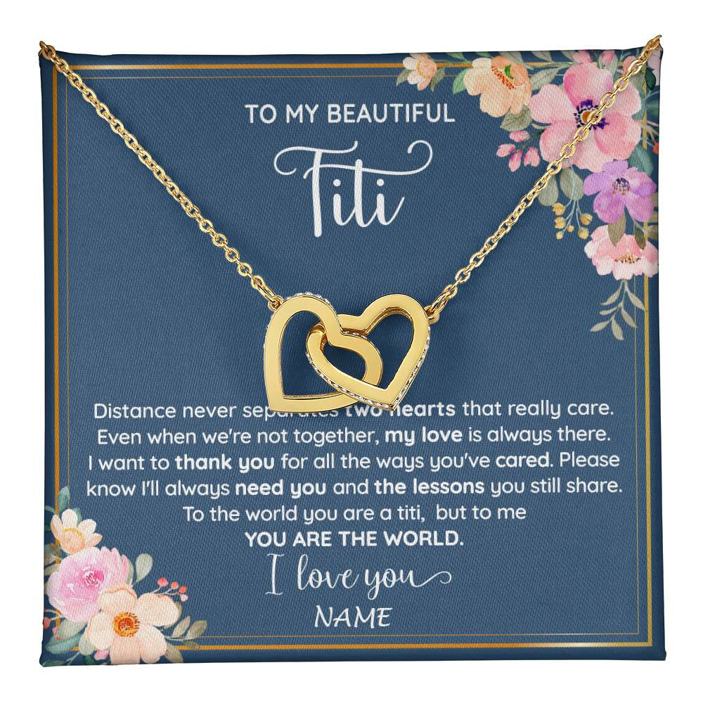 Interlocking Hearts Necklace 18K Yellow Gold Finish | 1 | Personalized To My Beautiful Titi Necklace From Niece Nephew You Are The World Titi Birthday Mothers Day Christmas Jewelry Customized Gift Box Message Card | teecentury