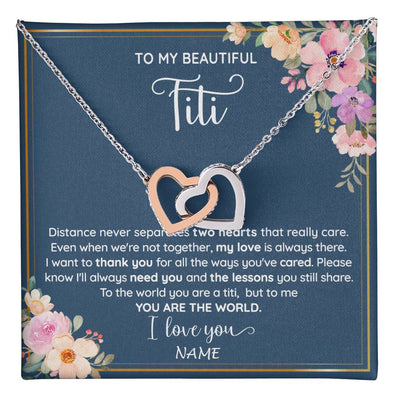 Interlocking Hearts Necklace Stainless Steel & Rose Gold Finish | 1 | Personalized To My Beautiful Titi Necklace From Niece Nephew You Are The World Titi Birthday Mothers Day Christmas Jewelry Customized Gift Box Message Card | teecentury