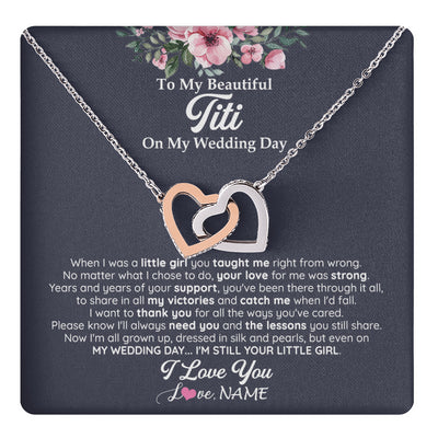 Interlocking Hearts Necklace Stainless Steel & Rose Gold Finish | 1 | Personalized To My Beautiful Titi On My Wedding Day Necklace From Niece Little Girl Titi Of Bride Wedding Day Jewelry Customized Gift Box Message Card | teecentury