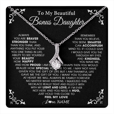 Alluring Beauty Necklace 14K White Gold Finish | 1 | Personalized To My Beautiful Unbiological Bonus Daughter Necklace From Stepdad Stepmom Heart Stepdaughter Birthday Christmas Customized Gift Box Message Card | teecentury