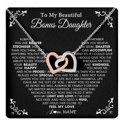 Interlocking Hearts Necklace Stainless Steel & Rose Gold Finish | 1 | Personalized To My Beautiful Unbiological Bonus Daughter Necklace From Stepdad Stepmom Heart Stepdaughter Birthday Christmas Customized Gift Box Message Card | teecentury