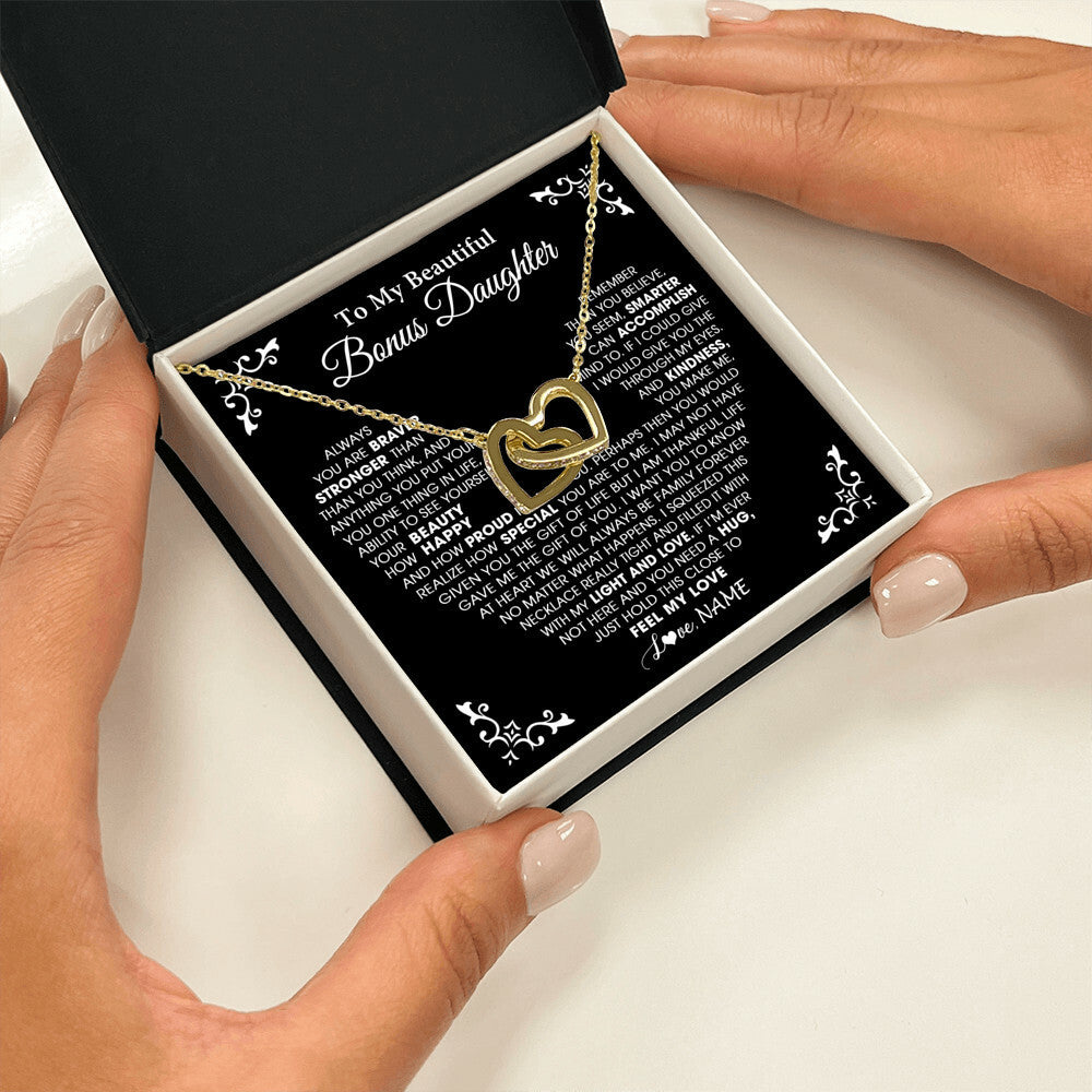 Interlocking Hearts Necklace 18K Yellow Gold Finish | 2 | Personalized To My Beautiful Unbiological Bonus Daughter Necklace From Stepdad Stepmom Heart Stepdaughter Birthday Christmas Customized Gift Box Message Card | teecentury