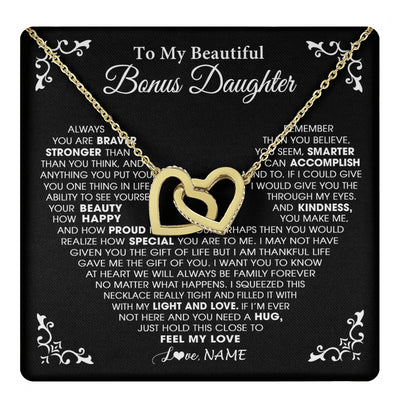 Interlocking Hearts Necklace 18K Yellow Gold Finish | 1 | Personalized To My Beautiful Unbiological Bonus Daughter Necklace From Stepdad Stepmom Heart Stepdaughter Birthday Christmas Customized Gift Box Message Card | teecentury