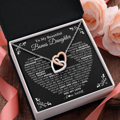 Interlocking Hearts Necklace Stainless Steel & Rose Gold Finish | 2 | Personalized To My Beautiful Unbiological Bonus Daughter Necklace From Stepdad Stepmom Heart Stepdaughter Birthday Christmas Customized Gift Box Message Card | teecentury