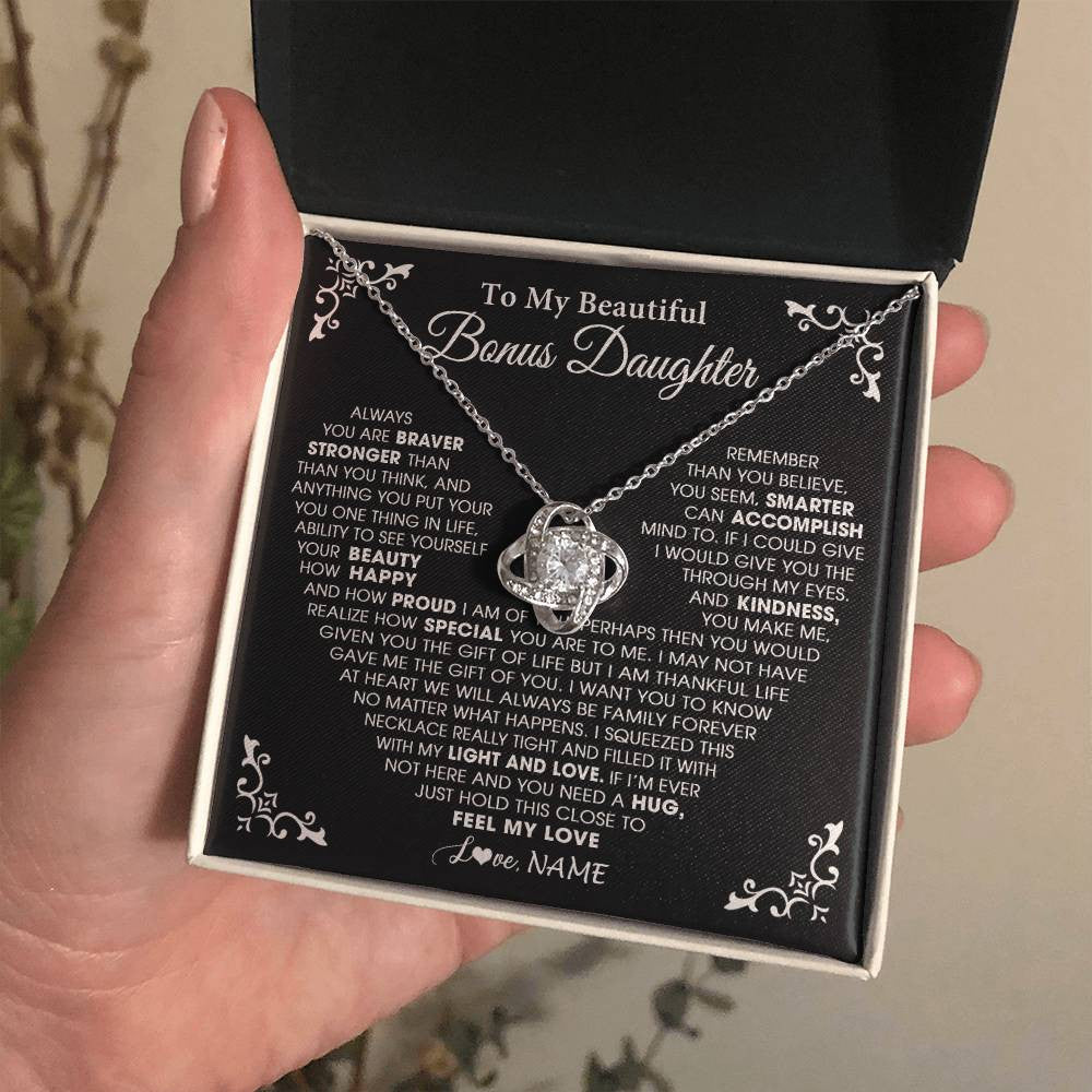 Love Knot Necklace 14K White Gold Finish | 2 | Personalized To My Beautiful Unbiological Bonus Daughter Necklace From Stepdad Stepmom Heart Stepdaughter Birthday Christmas Customized Gift Box Message Card | teecentury