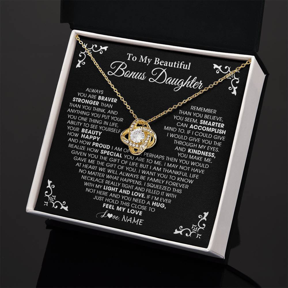Love Knot Necklace 18K Yellow Gold Finish | 2 | Personalized To My Beautiful Unbiological Bonus Daughter Necklace From Stepdad Stepmom Heart Stepdaughter Birthday Christmas Customized Gift Box Message Card | teecentury