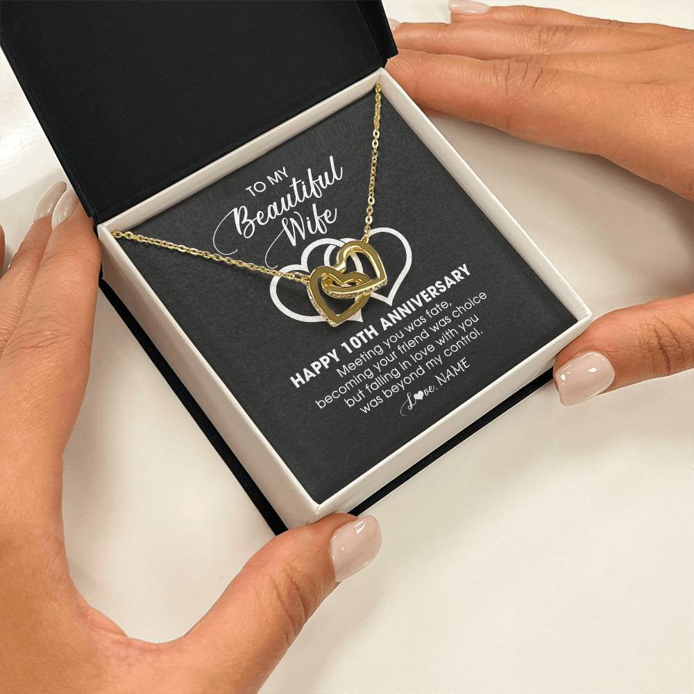 Interlocking Hearts Necklace 18K Yellow Gold Finish | Personalized To My Beautiful Wife Necklace From Husband 10 Years Wedding Anniversary For Her Married 10th Anniversary For Her Customized Gift Box Message | teecentury