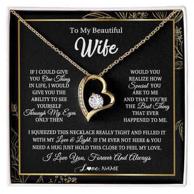 Forever Love Necklace 18K Yellow Gold Finish | Personalized To My Beautiful Wife Necklace From Husband Feel My Love For Her Wife Birthday Anniversary Wedding Valentines Day Christmas Customized Message Card | teecentury