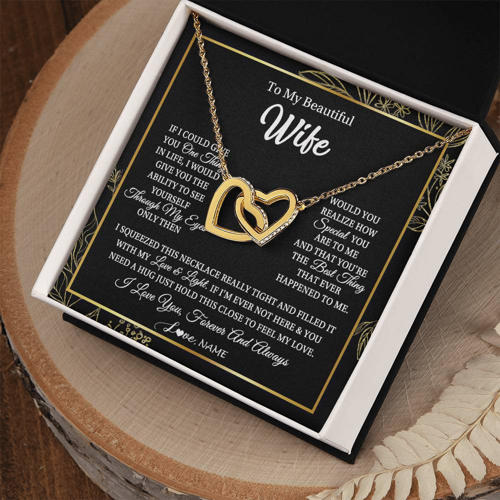 Interlocking Hearts Necklace 18K Yellow Gold Finish | Personalized To My Beautiful Wife Necklace From Husband Feel My Love For Her Wife Birthday Anniversary Wedding Valentines Day Christmas Customized Message Card | teecentury