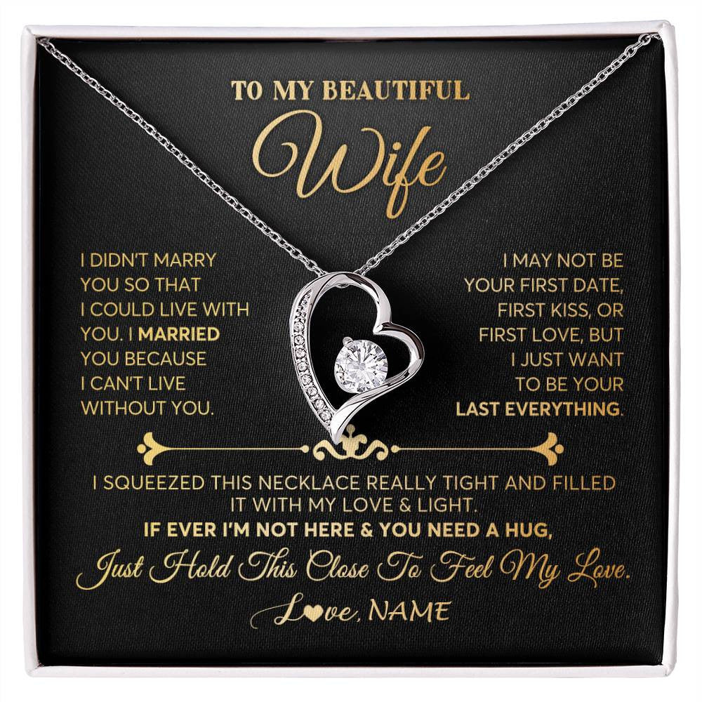 Forever Love Necklace 14K White Gold Finish | Personalized To My Beautiful Wife Necklace From Husband Feel My Love Soulmate Wedding Anniversary Valentines Day Birthday Customized Gift Box Message Card | teecentury