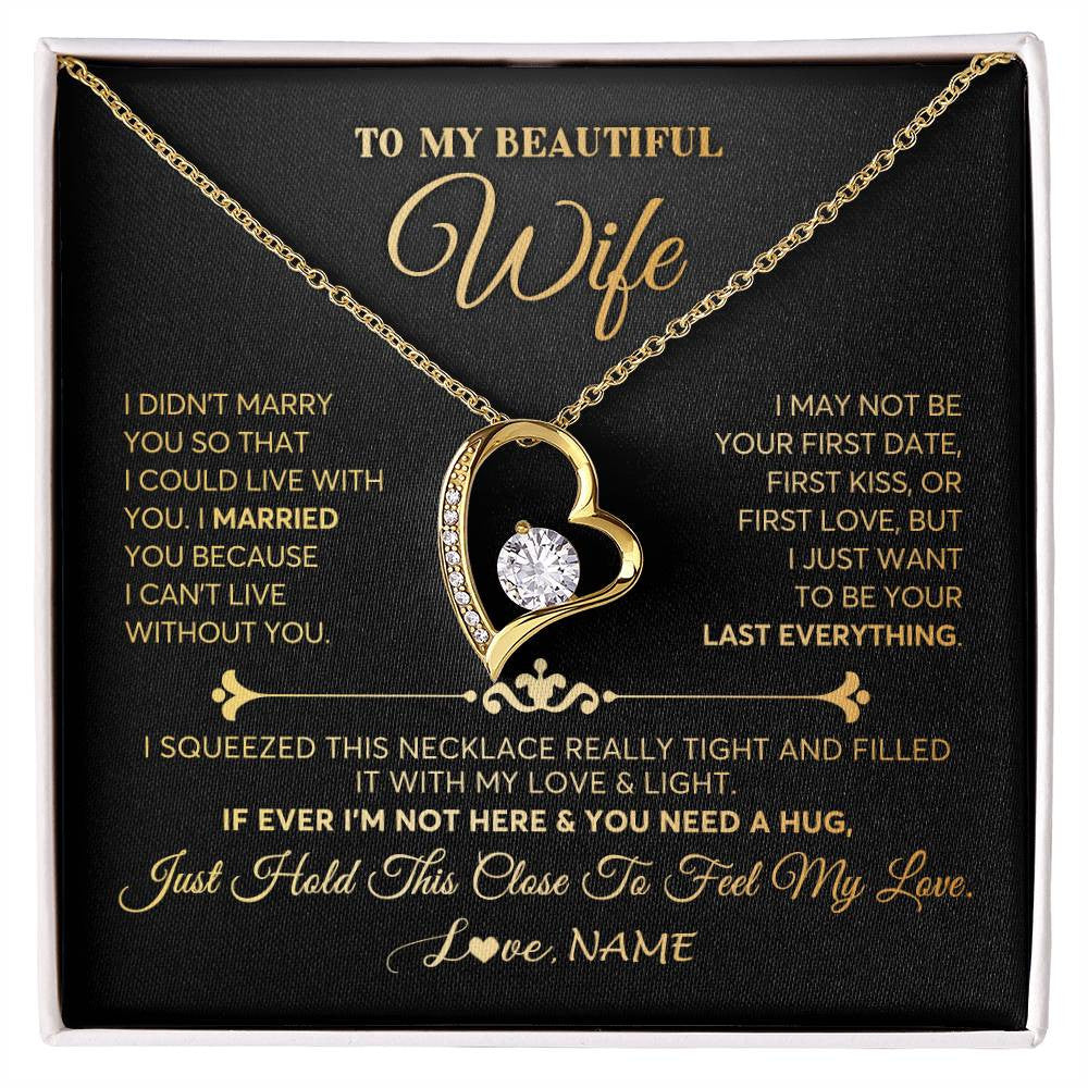 Forever Love Necklace 18K Yellow Gold Finish | Personalized To My Beautiful Wife Necklace From Husband Feel My Love Soulmate Wedding Anniversary Valentines Day Birthday Customized Gift Box Message Card | teecentury