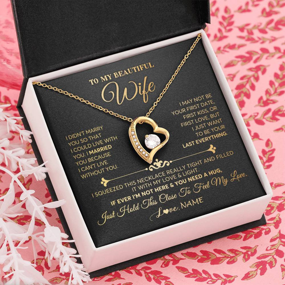 Forever Love Necklace 18K Yellow Gold Finish | Personalized To My Beautiful Wife Necklace From Husband Feel My Love Soulmate Wedding Anniversary Valentines Day Birthday Customized Gift Box Message Card | teecentury