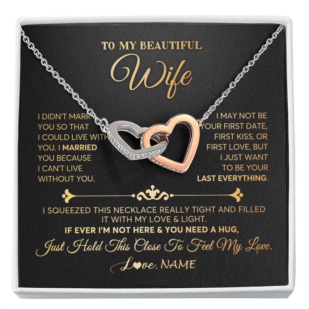 Interlocking Hearts Necklace 14K White Gold Finish | Personalized To My Beautiful Wife Necklace From Husband Feel My Love Soulmate Wedding Anniversary Valentines Day Birthday Customized Gift Box Message Card | teecentury