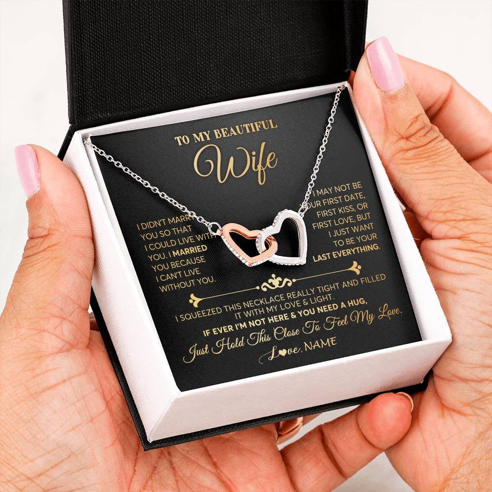 Interlocking Hearts Necklace 14K White Gold Finish | Personalized To My Beautiful Wife Necklace From Husband Feel My Love Soulmate Wedding Anniversary Valentines Day Birthday Customized Gift Box Message Card | teecentury