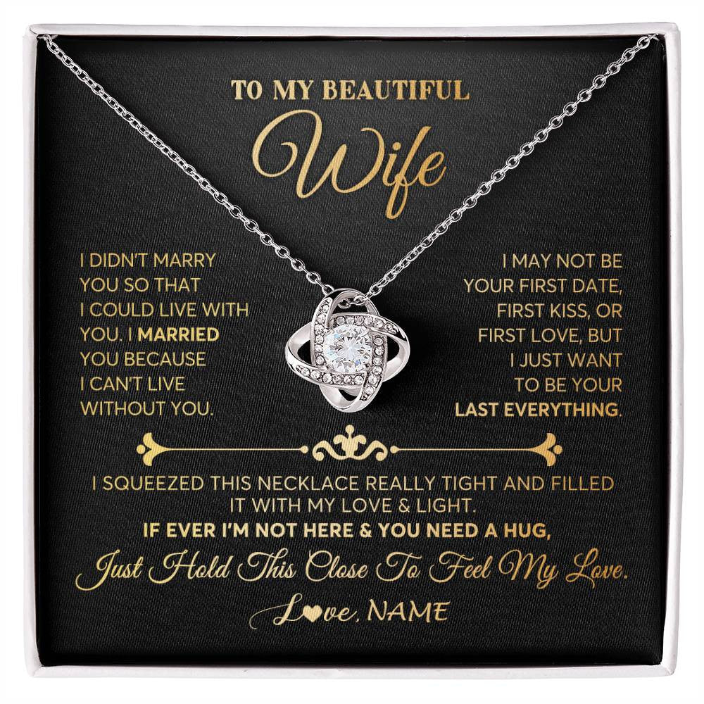 Love Knot Necklace 14K White Gold Finish | Personalized To My Beautiful Wife Necklace From Husband Feel My Love Soulmate Wedding Anniversary Valentines Day Birthday Customized Gift Box Message Card | teecentury