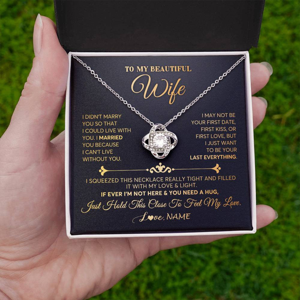 Love Knot Necklace 14K White Gold Finish | Personalized To My Beautiful Wife Necklace From Husband Feel My Love Soulmate Wedding Anniversary Valentines Day Birthday Customized Gift Box Message Card | teecentury