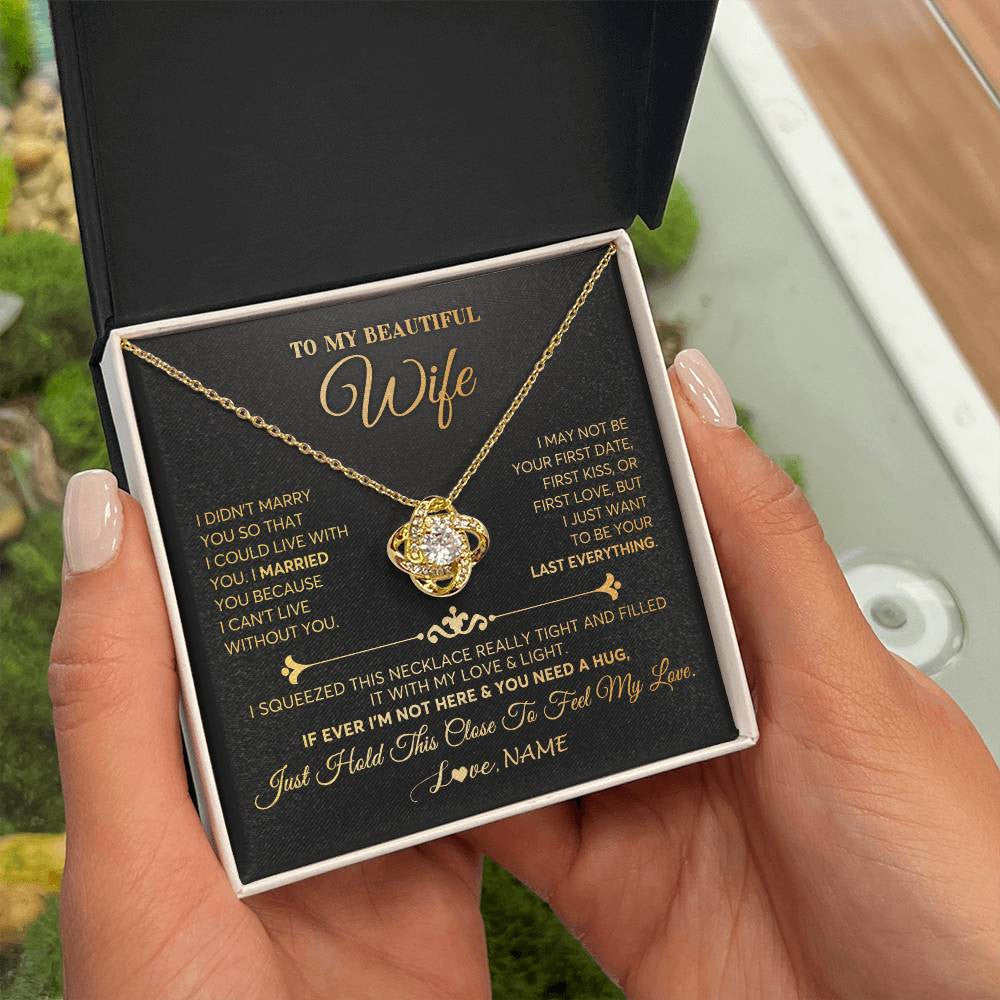 Love Knot Necklace 18K Yellow Gold Finish | Personalized To My Beautiful Wife Necklace From Husband Feel My Love Soulmate Wedding Anniversary Valentines Day Birthday Customized Gift Box Message Card | teecentury