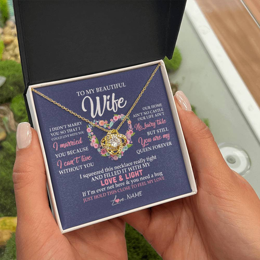 Love Knot Necklace 18K Yellow Gold Finish | Personalized To My Beautiful Wife Necklace From Husband Feel My Love Wife Birthday Anniversary Wedding Valentines Day Christmas Customized Message Card | teecentury