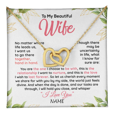 Interlocking Hearts Necklace 18K Yellow Gold Finish | 1 | Personalized To My Beautiful Wife Necklace From Husband Hand In Hand Wife Birthday Anniversary Valentines Day Christmas Customized Gift Box Message Card | teecentury