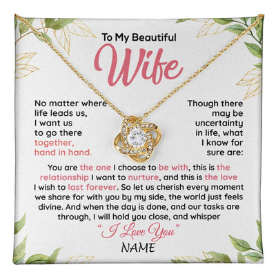 Love Knot Necklace 18K Yellow Gold Finish | 1 | Personalized To My Beautiful Wife Necklace From Husband Hand In Hand Wife Birthday Anniversary Valentines Day Christmas Customized Gift Box Message Card | teecentury