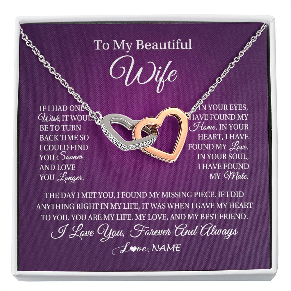 Interlocking Hearts Necklace Stainless Steel & Rose Gold Finish | Personalized To My Beautiful Wife Necklace Gift From Husband Romantic Gifts For Wife Birthday Anniversary Valentines Christmas Customized Gift Box Message Card | teecentury