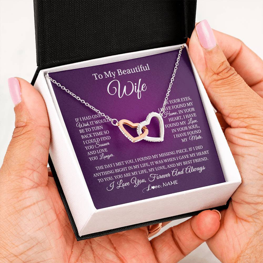 Interlocking Hearts Necklace Stainless Steel & Rose Gold Finish | Personalized To My Beautiful Wife Necklace Gift From Husband Romantic Gifts For Wife Birthday Anniversary Valentines Christmas Customized Gift Box Message Card | teecentury