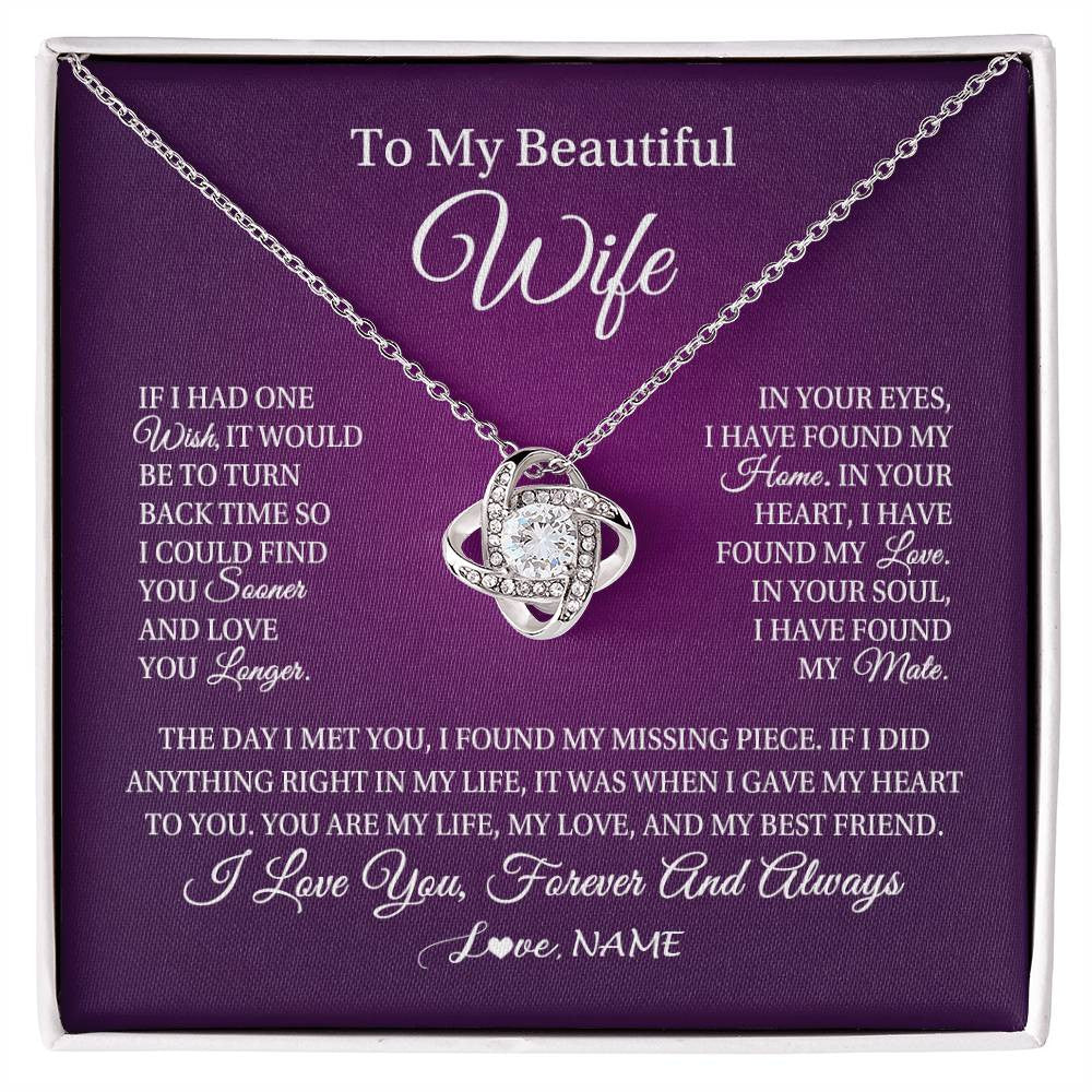 Love Knot Necklace 14K White Gold Finish | Personalized To My Beautiful Wife Necklace Gift From Husband Romantic Gifts For Wife Birthday Anniversary Valentines Christmas Customized Gift Box Message Card | teecentury