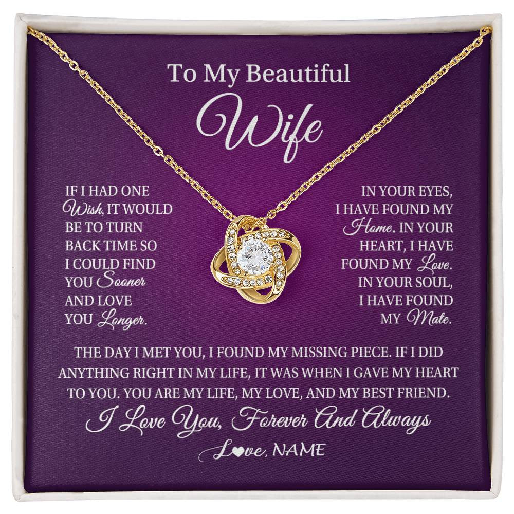 Love Knot Necklace 18K Yellow Gold Finish | Personalized To My Beautiful Wife Necklace Gift From Husband Romantic Gifts For Wife Birthday Anniversary Valentines Christmas Customized Gift Box Message Card | teecentury