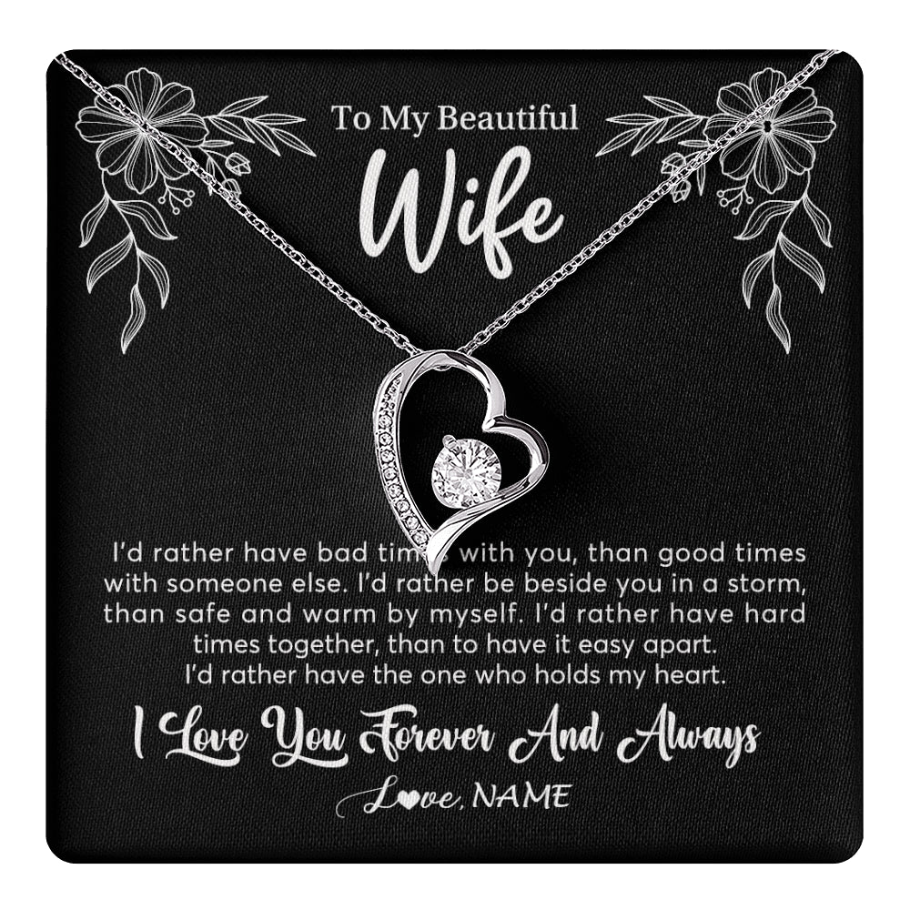 Forever Love Necklace 14K White Gold Finish | 1 | Personalized To My Beautiful Wife Necklace Gifts From Husband I'd Rather Hot Wife Birthday Anniversary Wedding Valentines Day Customized Gift Box Message Card | teecentury