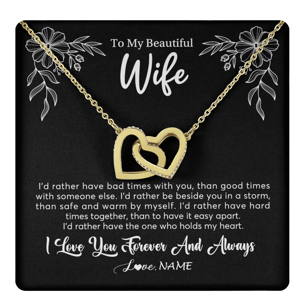 Interlocking Hearts Necklace 18K Yellow Gold Finish | 1 | Personalized To My Beautiful Wife Necklace Gifts From Husband I'd Rather Hot Wife Birthday Anniversary Wedding Valentines Day Customized Gift Box Message Card | teecentury