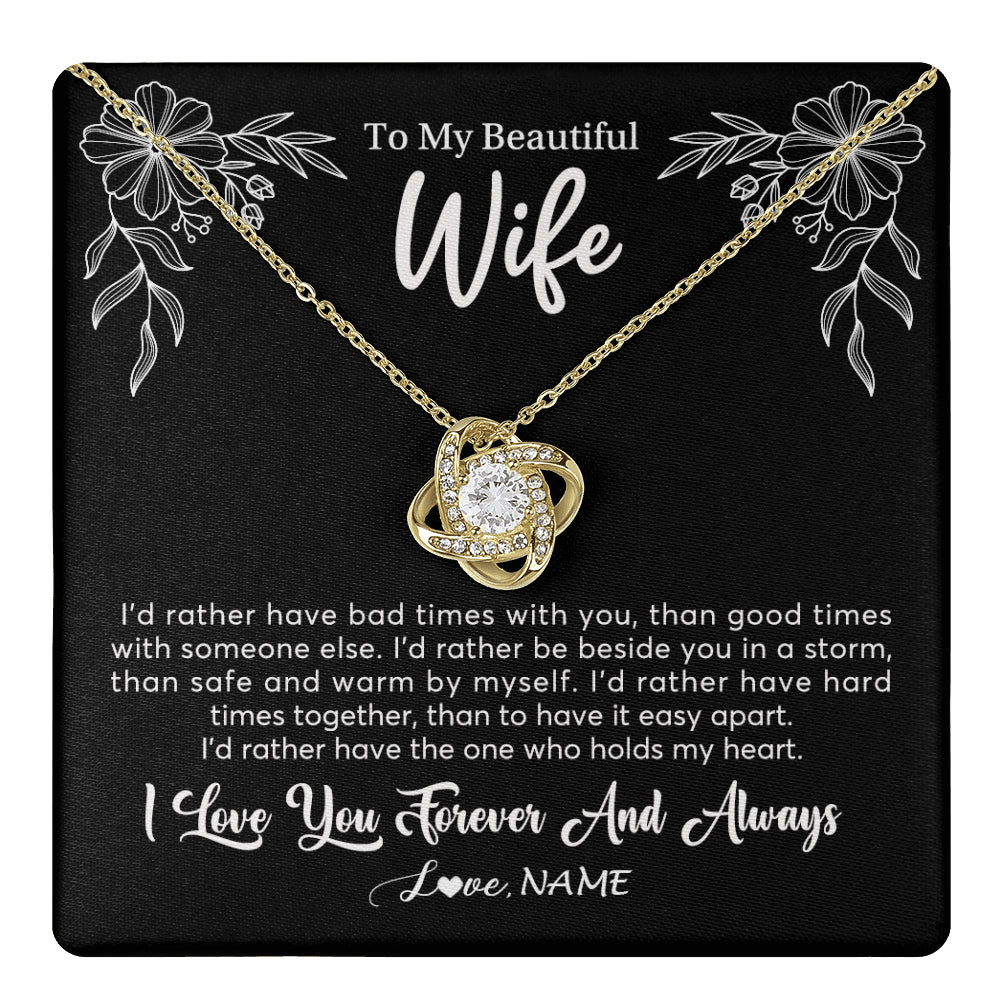 Love Knot Necklace 18K Yellow Gold Finish | 1 | Personalized To My Beautiful Wife Necklace Gifts From Husband I'd Rather Hot Wife Birthday Anniversary Wedding Valentines Day Customized Gift Box Message Card | teecentury