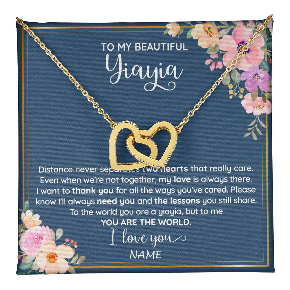 Interlocking Hearts Necklace 18K Yellow Gold Finish | 1 | Personalized To My Beautiful Yiayia Necklace From Grandkids Granddaughter You Are The World Yiayia Birthday Mothers Day Customized Gift Box Message Card | teecentury