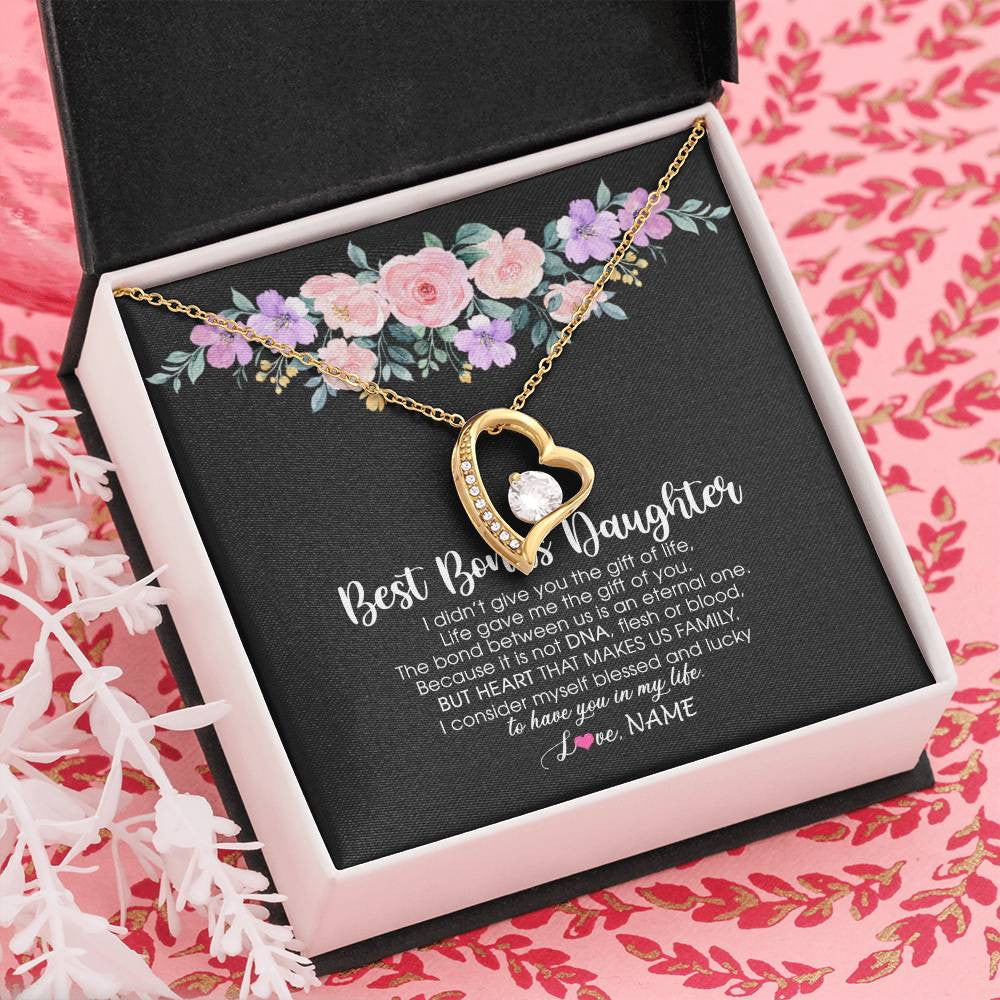 Forever Love Necklace 18K Yellow Gold Finish | Personalized To My Best Bonus Daughter Necklace From Bonus Mom Life Gave Me The Gift Of You Step Daughter Jewelry Birthday Christmas Customized Message Card | teecentury