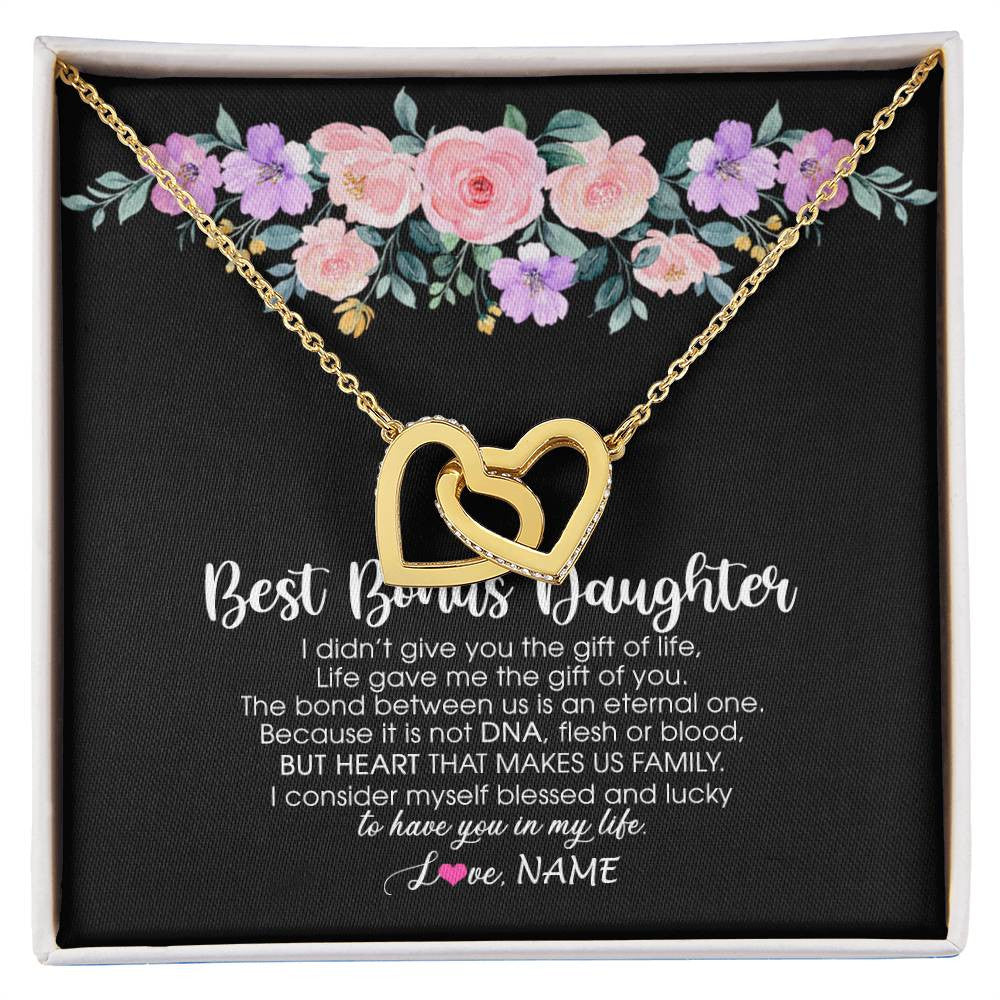Interlocking Hearts Necklace 18K Yellow Gold Finish | Personalized To My Best Bonus Daughter Necklace From Bonus Mom Life Gave Me The Gift Of You Step Daughter Jewelry Birthday Christmas Customized Message Card | teecentury