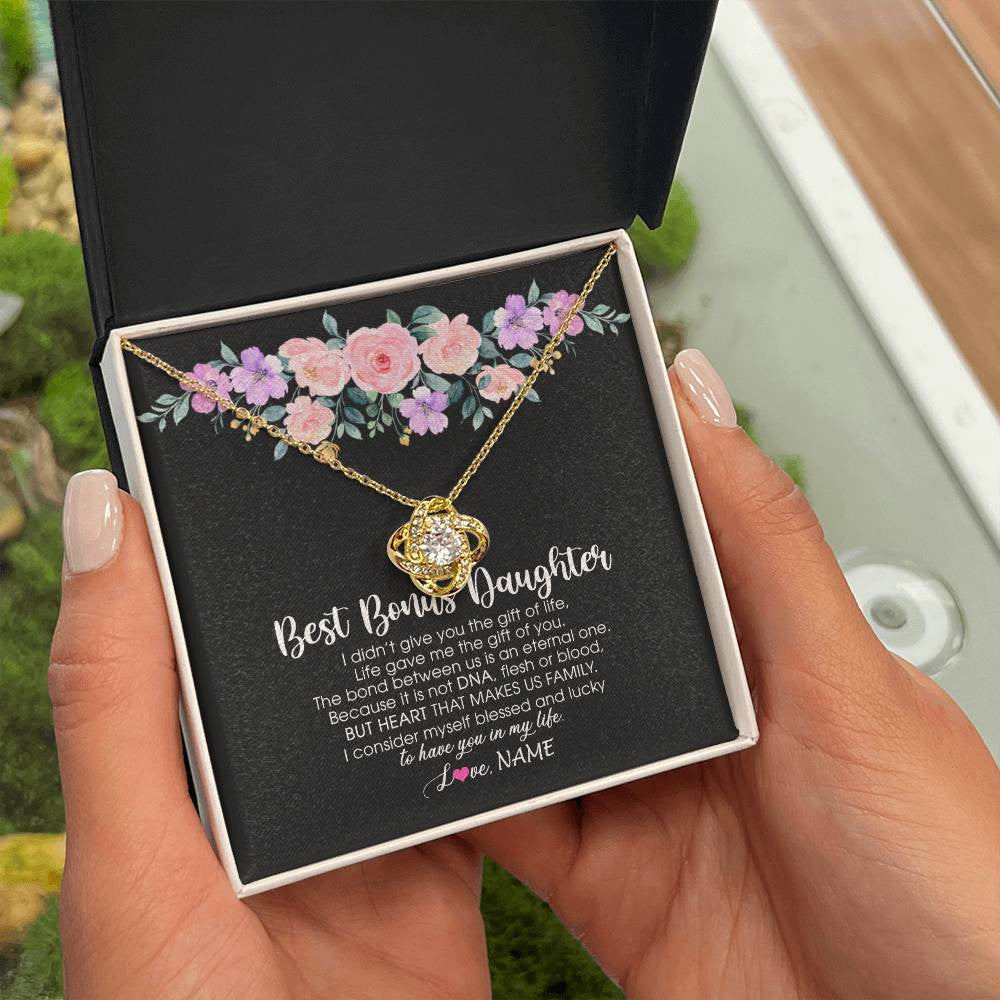 Love Knot Necklace 18K Yellow Gold Finish | Personalized To My Best Bonus Daughter Necklace From Bonus Mom Life Gave Me The Gift Of You Step Daughter Jewelry Birthday Christmas Customized Message Card | teecentury