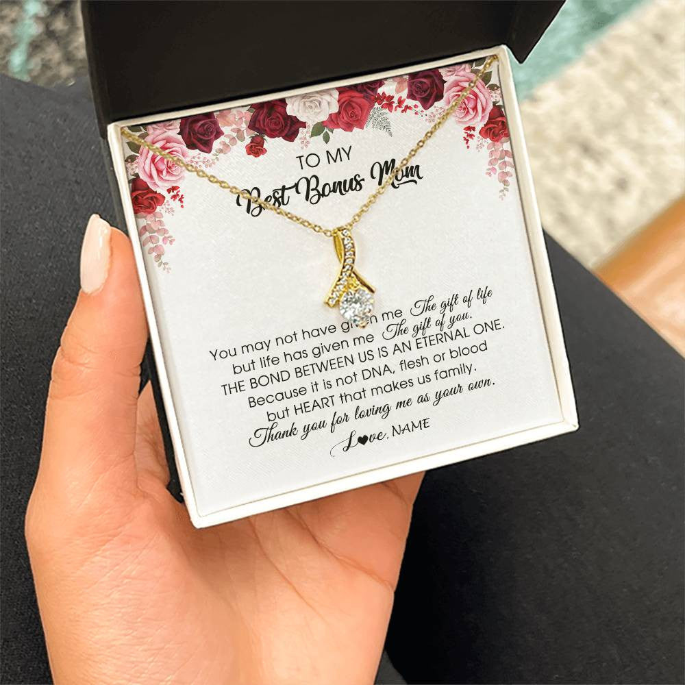 Alluring Beauty Necklace 18K Yellow Gold Finish | Personalized To My Best Bonus Mom Necklace from Daughter Thank You For Loving Me Stepmom Jewelry Birthday Mothers Day Christmas Customized Message Card | teecentury